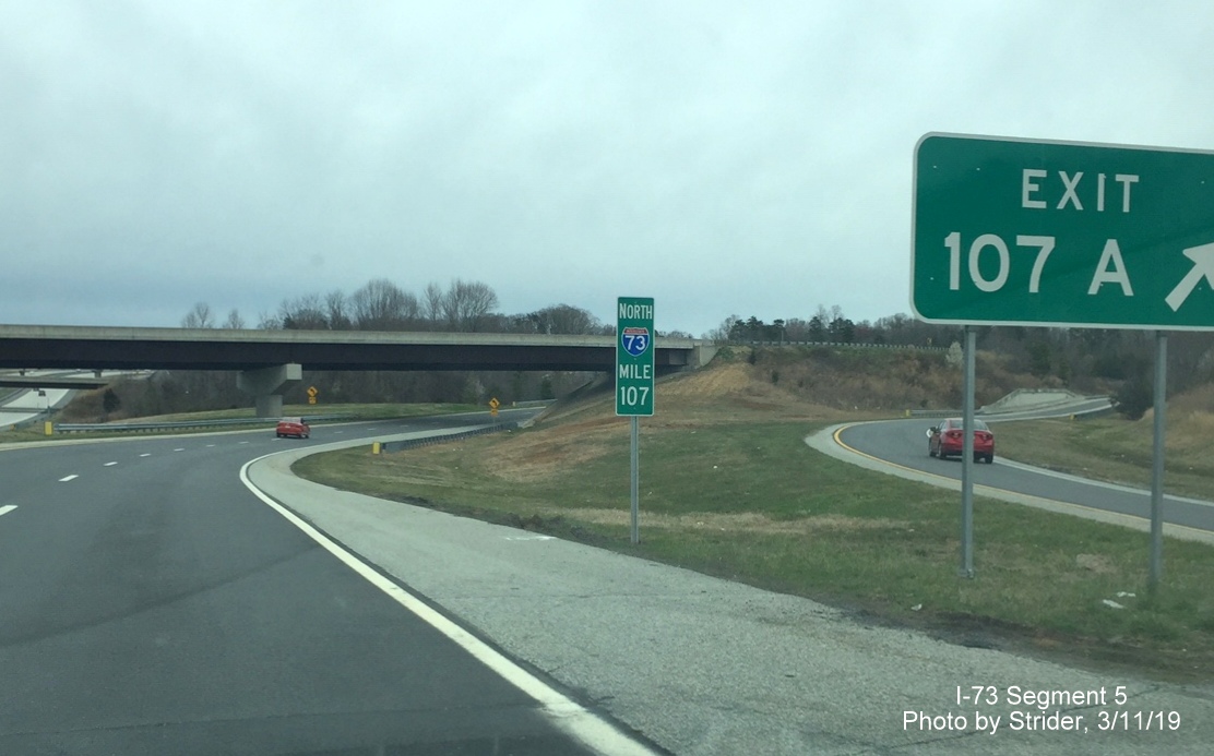 Image of new Mile 107 marker on I-73 North on ramp toward Bryan Blvd. West, by Strider