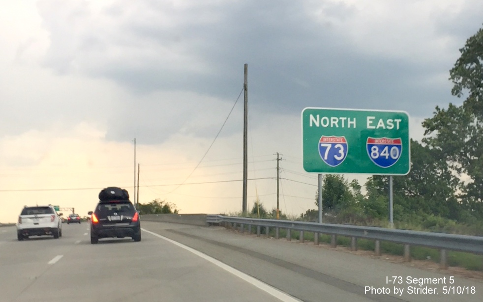 Image of new reassurance marker sign for North I-73 and East I-840 on the Greensboro Urban Loop after the I-40 interchange, by Strider