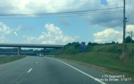 Image of newly placed I-73 North trailblazer along ramps to Bryan Blvd from Greensboro Loop, by Strider