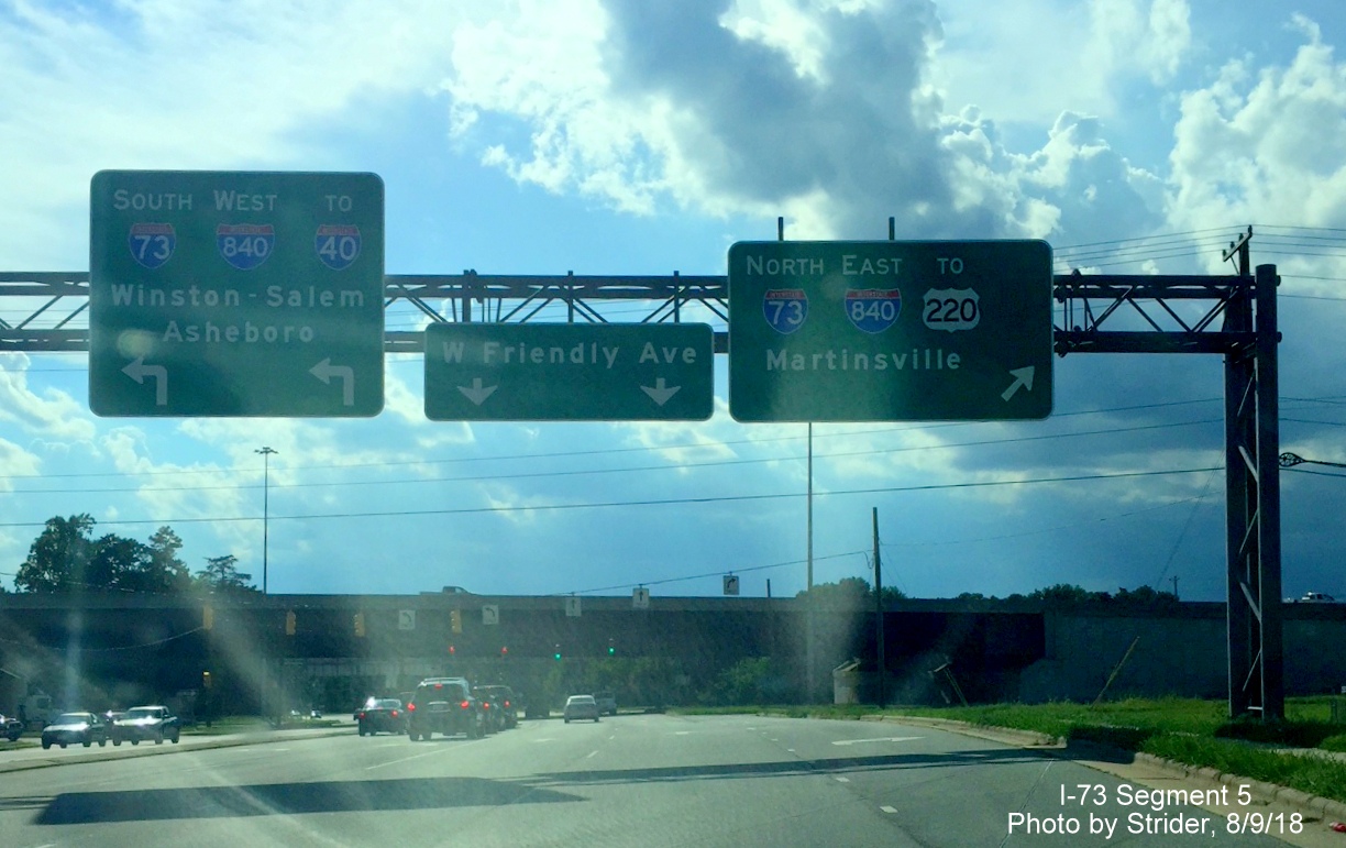 Image of new overhead signs at ramps to I-73/I-840 Greensboro Loop heading west on W. Friendly Ave., by Strider