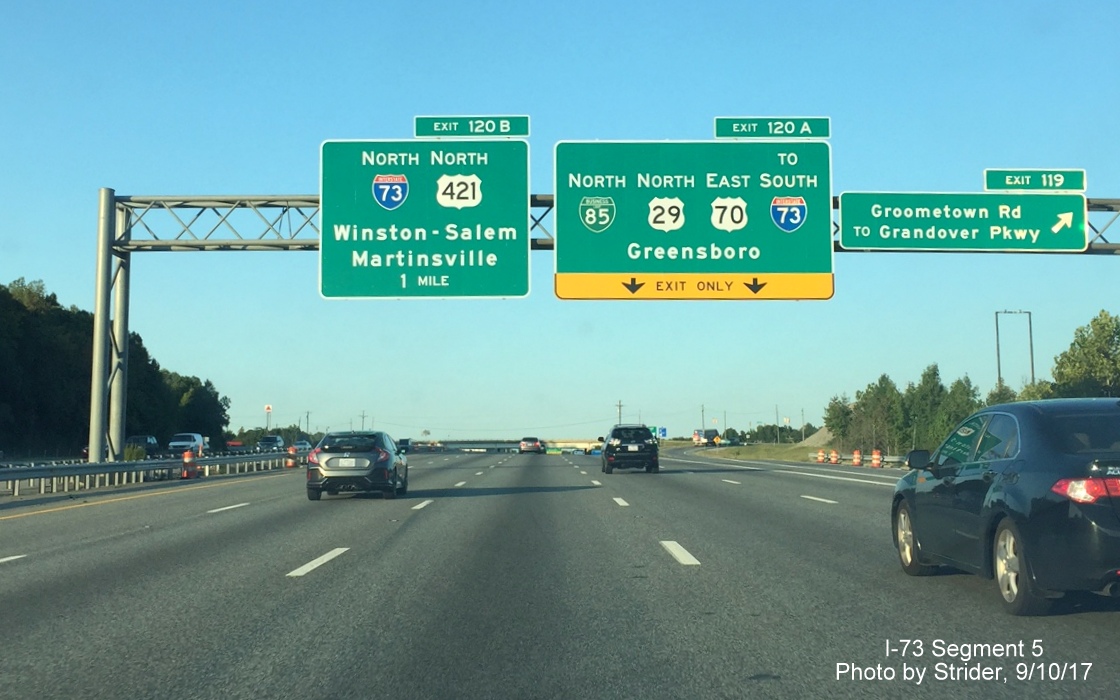 Image of newly placed overhead signage for I-73 North and To I-73 South approaching Greensboro Urban Loop, by Strider