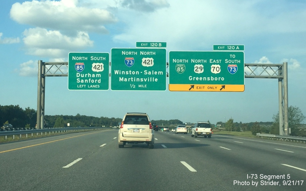 Image of newly placed overhead sign for I-73 North and To I-73 South approaching Greensboro Urban Loop, by Strider