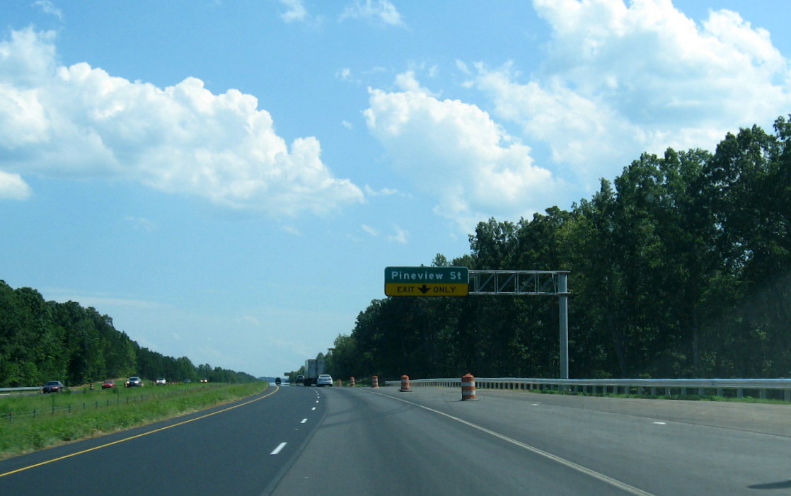 Photo of new overhead exit sign for Pineview Street on US 220 (Future I-73) 
South, July 2012
