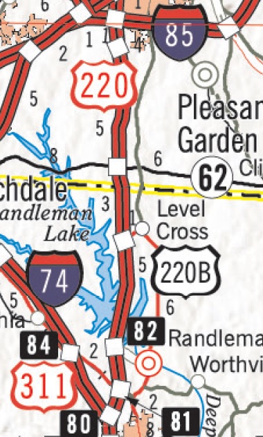 Section of NCDOT 2017-2018 State Transportation Map showing I-73 Segment 6 along US 220 between Greensboro and Randleman