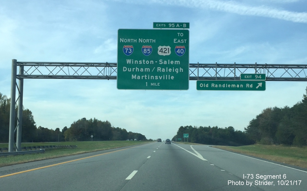 Image taken of revised overhead signage for I-73 Exit from US 220 North at I-85 Greensboro Loop 