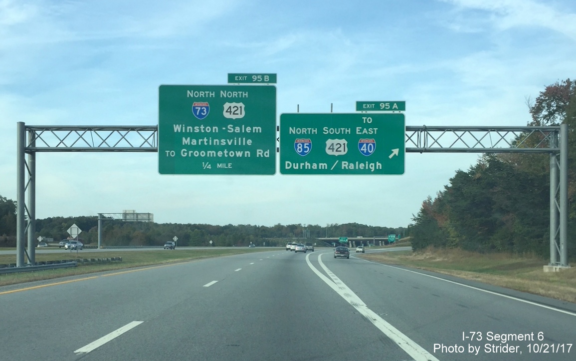 Image of new overhead signage for I-73 North prior to I-85 Greensboro Loop
