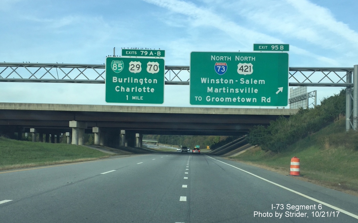 Image of revised overhead signage at interchange between I-73 North and I-85 South Greensboro Loop
