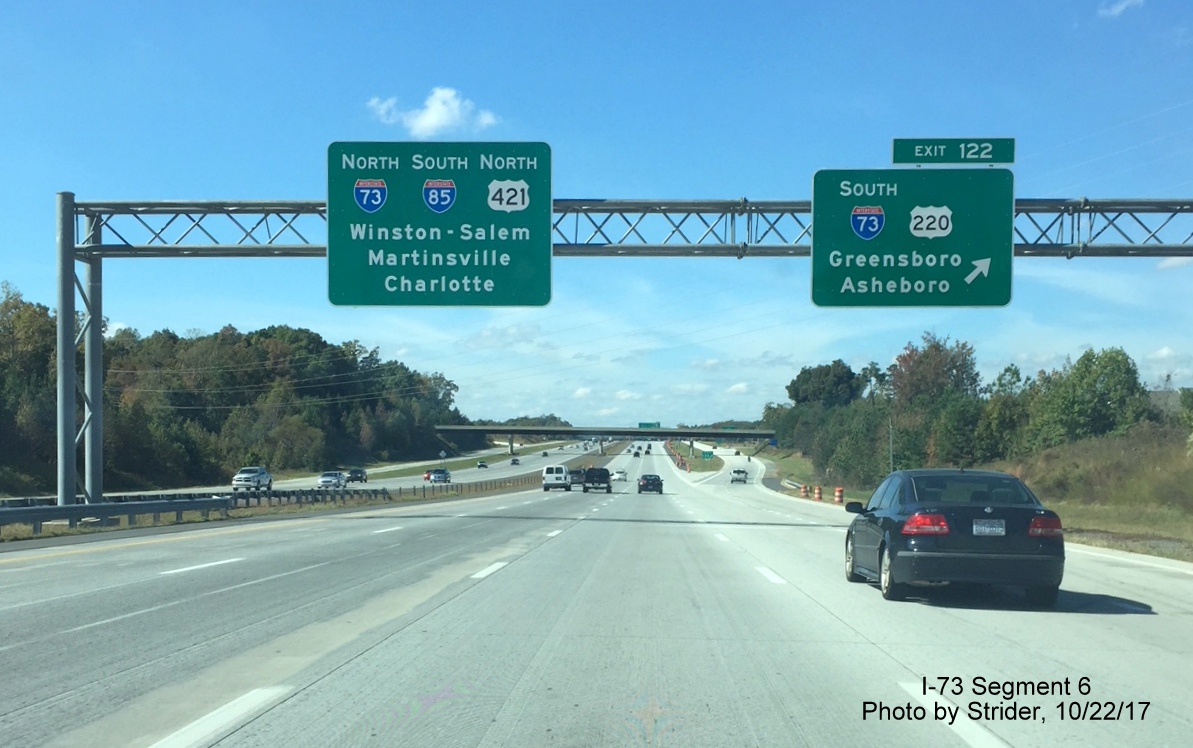 Image of new I-73 North overhead sign on I-85 South at I-73/US 220 exit