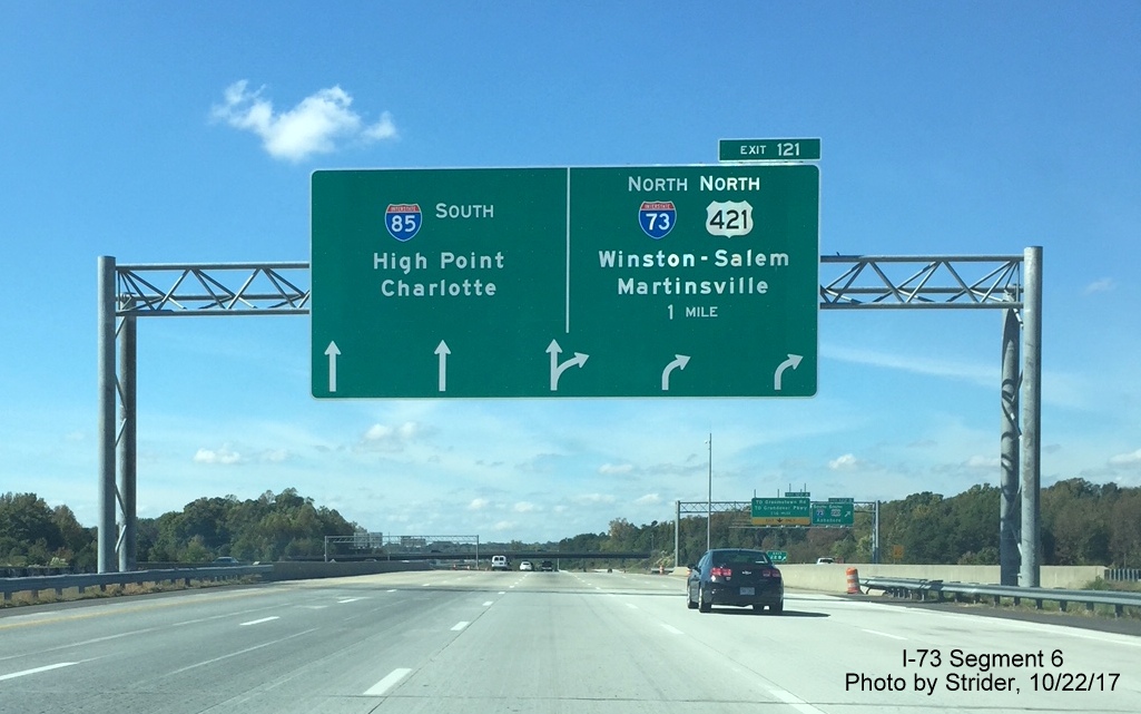 Image of new arrow-per-lane sign for I-73/US 321 North exit from I-85 South Greensboro Loop