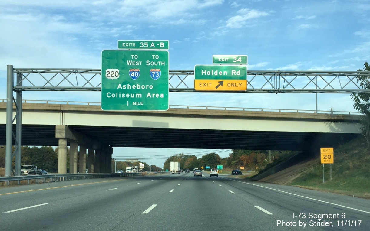 Image of new overhead signage at US 220 exit on Business 85 North in Greensboro for I-73 South, by Strider