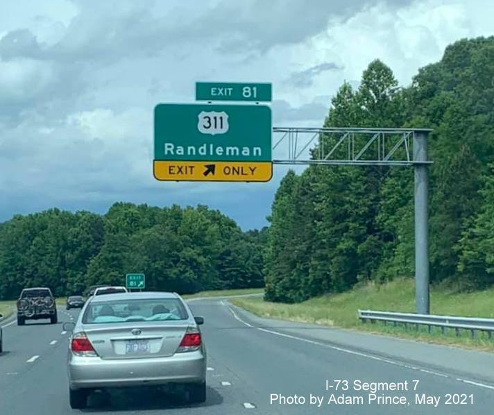 Image of overhead ramp sign for former US 311 exit on I-73/US 220 North in Randleman, 
         by Adam Prince, May 2021