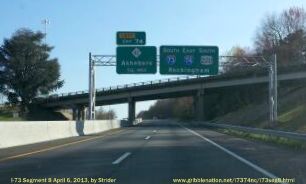Photo of Overhead Signs on I-73 South/I-74 West approaching NC 42 Exit in 
Asheboro