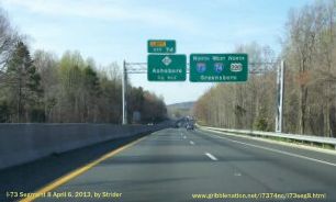 Photo of overhead signage approaching the NC 42 Exit on I-73, US 220 North/
I-74 West in Asheboro, Apr 2013