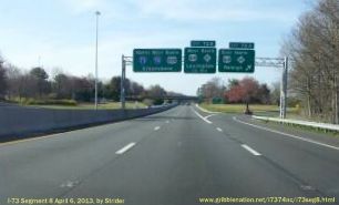 Photo of Overhead Signage on I-73/US 220 North/I-74 West in Asheboro at the 
US 64/NC 49 Exit, Apr 2013