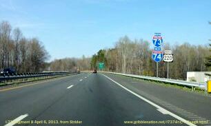 Photo of standard I-73/I-74 reassurance sign assembly along segment of US 220 
North in Asheboro, Apr 2013