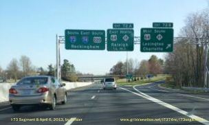 Photo of Overhead Signs on I-73 South/I-74 East for US 64/NC 49 Exit in 
Asheboro, Apr 2013