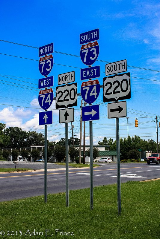 I-73 and I-74 Interstate shields at US 64/NC 49 interchange in 
    Asheboro, from Adam Prince