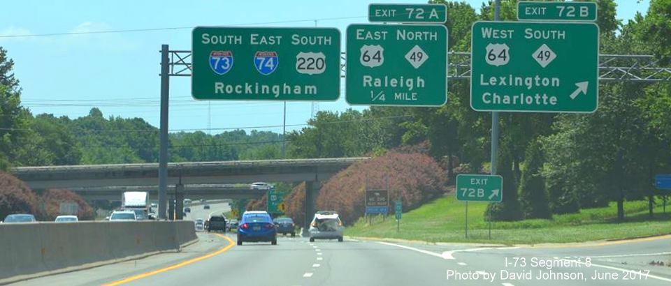 Image taken of overhead exit signage on I-73 South/I-74 East prior to US 64/NC 49 Exit in Asheboro, by David Johnson