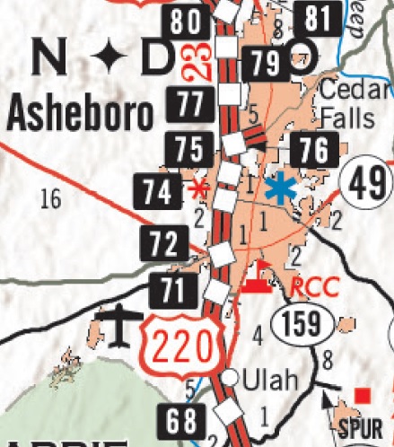 Portion of NCDOT 2017-2018 State Transportation map showing I-73 Segment 8/I-74 Segment 9 through Asheboro