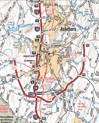 Part of NCDOT 2023-24 State Transportation Map Asheboro Inset showing I-73 Segment 8, July 2023