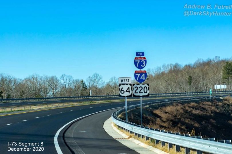 Image of To I-73/I-74 and US 220 trailblazer on US 64 West Asheboro Bypass beyond Zoo Connector 
                                                      exit, by Andrew B. Futrell, December 2020