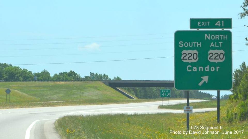 Image taken of exit sign for US 220 South and Alt US 220 North on I-73 South/I-74 East in Candor, by David Johnson