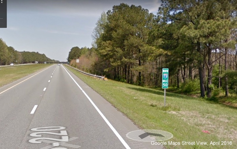 Google Maps Street View image of North I-73 Mile 50 Marker after NC 24/27 exit in Biscoe