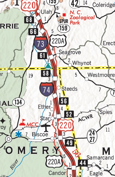 Section of NCDOT 2017-2018 State Transporation Map showing I-73 Segment 9/I-74 Segment 10 between Ulah and Emery
