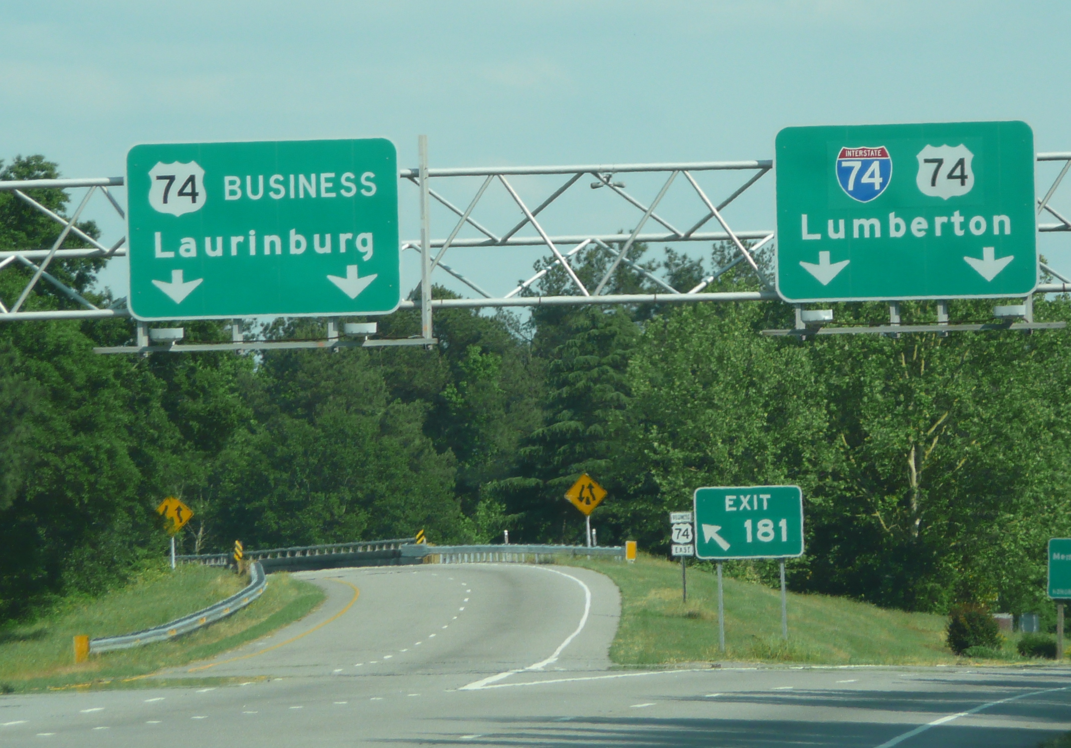 Photo of first exit on Laurinburg Bypass heading east with corrected exit
numbers in place in May 2009