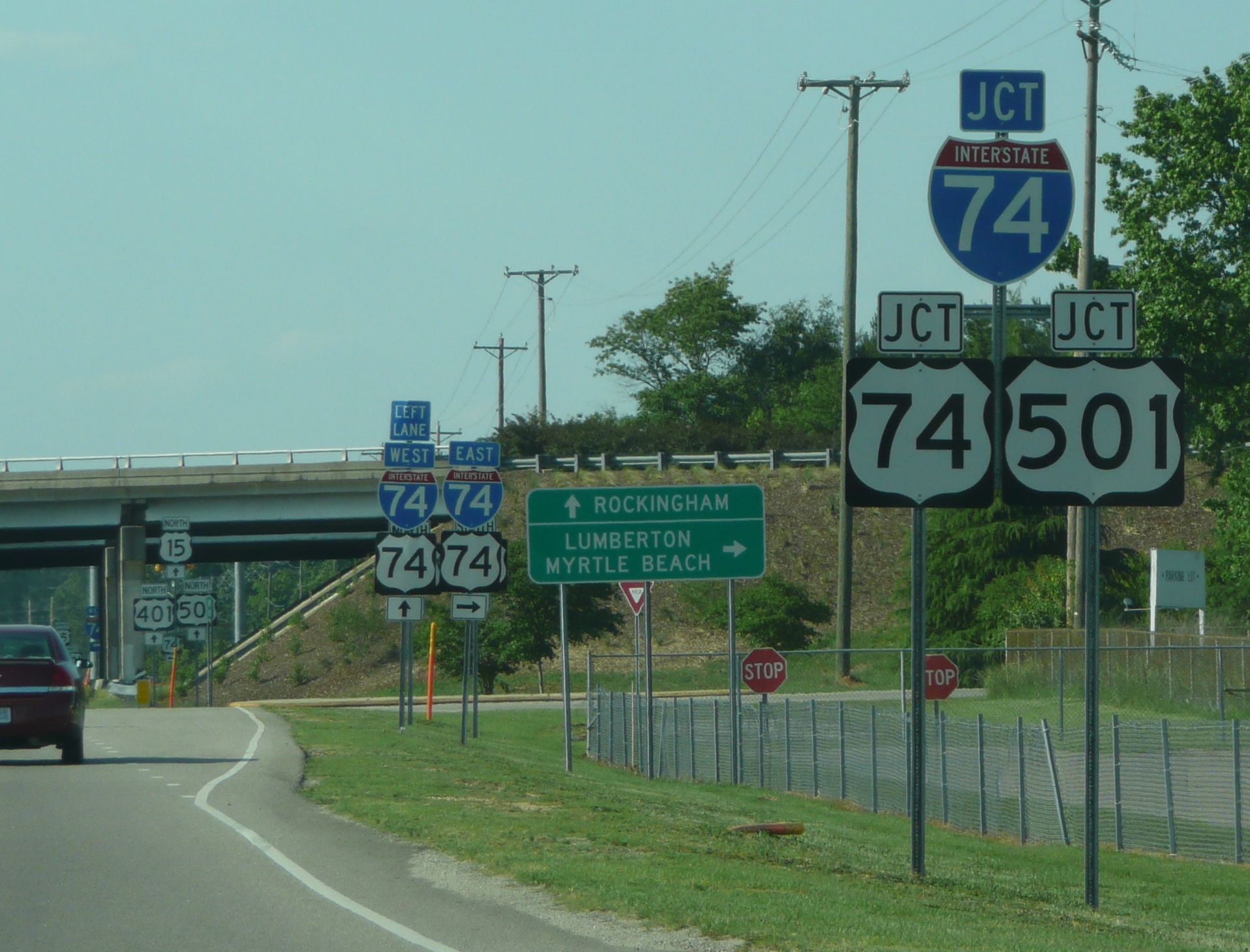 Photo of interchange signage at Exit 183 off the Laurinburg Bypass, after I-74 
exits had been revised, May 2009. Courtesy of James Mast