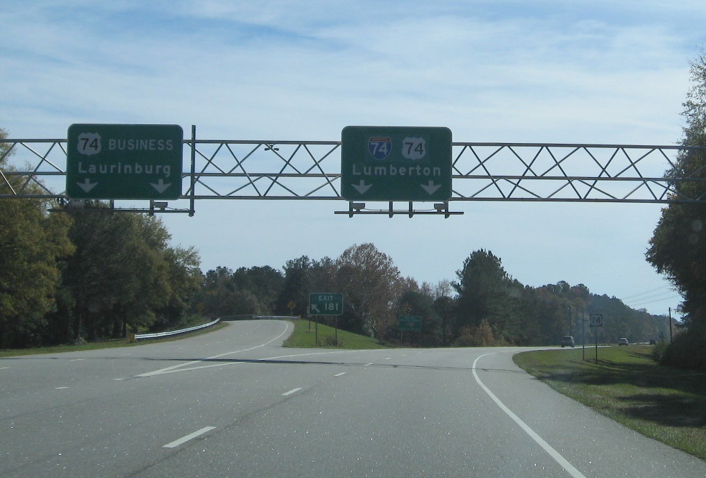 Photo of overhead signs at the beginning of the Laurinburg Bypass in Nov. 
2009 after I-74 signs were removed