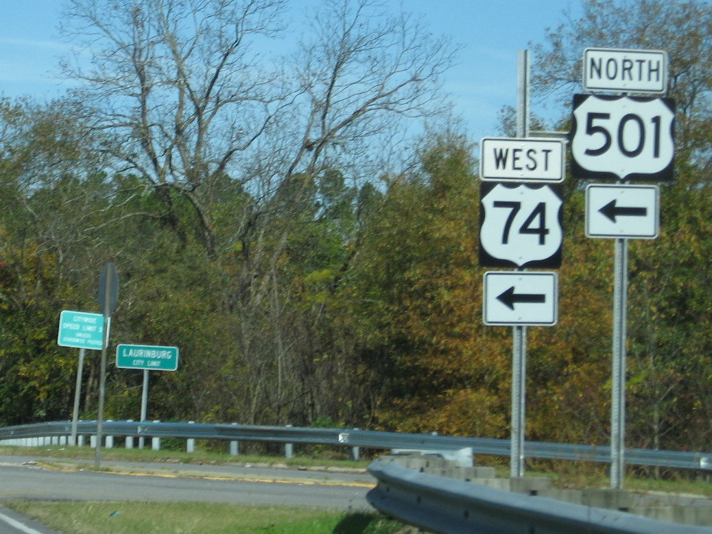 Photo of intersection signage along Laurinburg Bypass after I-74 signs were
 removed. Nov. 2009