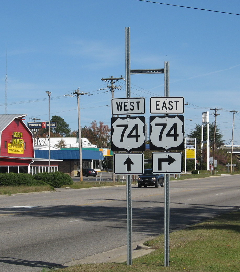 Photo of interchange signage at Exit 183 off the Laurinburg Bypass, after 
I-74 signs had been removed, Nov. 2009.