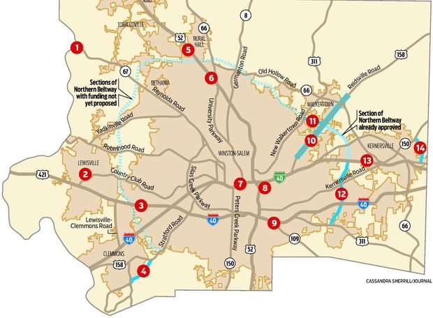 Map of Winston-Salem highway projects, from Winston-Salem Journal, Dec. 2014