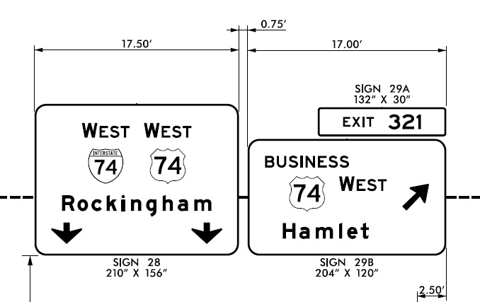 NCDOT sign plan image of overhead signs at start of I-74/US 74 Rockingham Bypass after 
                                                    completion of I-73/I-74 Rockingham Bypass in 2023