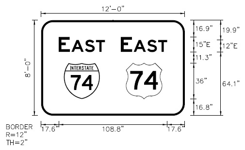 NCDOT plan image of future East I-74/US 74 reassurance marker sign to be put up along US 74 Rockingham Bypass after completion of I-73/I-74 Rockingham Bypass in 2023