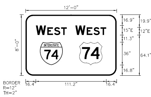 NCDOT plan image for future West I-74/US 74 reassurance marker sign to be put up on the US 74
                                               Rockingham Bypass after completion of the I-73/I-74 Rockingham Bypass in 2023