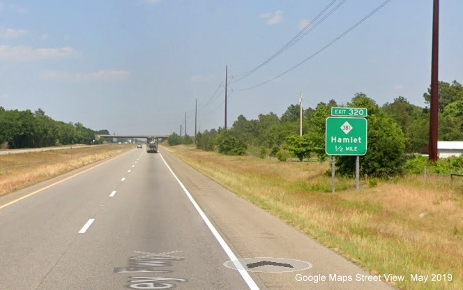 Google Maps Street View image of 1/2 mile advance sign for NC 381 exit on US 74/Future 
        I-74 East in Hamlet taken in May 2019