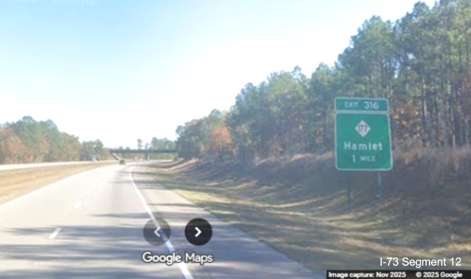 Image of 1 Mile advance sign for the NC 177 exit on I-74/US 74 East in Rockingham,
Google Maps Street View, November 2025