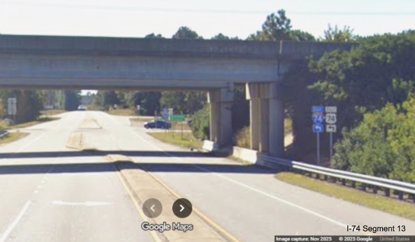 Image of new I-74/US 74 East ramp trailblazers along NC 38 South in Hamlet,
	  Google Maps Street View, November 2025