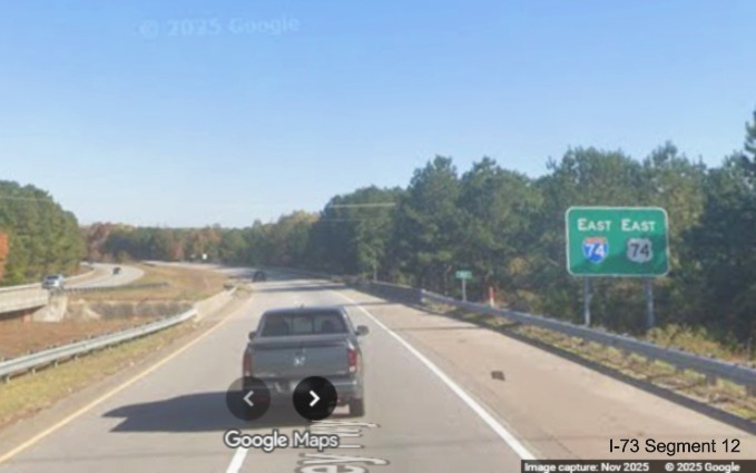 Image of the East I-74/US 74 reassurance marker sign after the NC 177 exit in
Rockingham, Google Maps Street View, November 2025