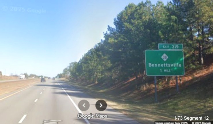 Image of 1 Mile advance sign for the NC 38 exit on I-74/US 74 East in Hamlet,
Google Maps Street View, November 2025