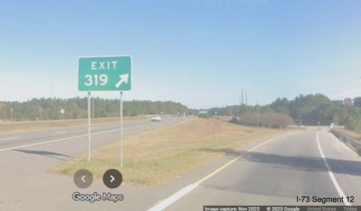 Image of I-74 mileage gore sign for the NC 38 exit on I-74/US 74 East in Hamlet,
Google Maps Street View, November 2025