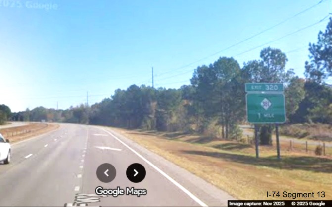 Image of new 1 mile advance sign for the NC 381 exit on I-74/US 74 East 
	  Rockingham Bypass in Hamlet, Google Maps Street View, November 2025