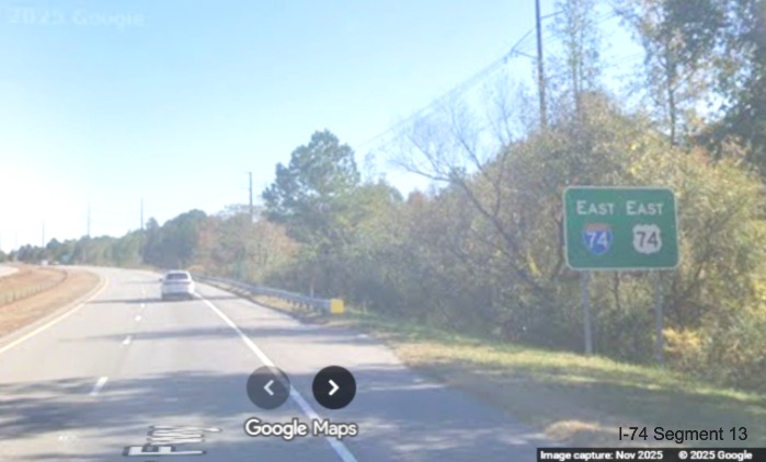 Image of East I-74/US 74 reassurance marker sign after the NC 38 exit on I-74
	  US 74/Rockingham Bypass in Hamlet, Google Maps Street View, November 2025