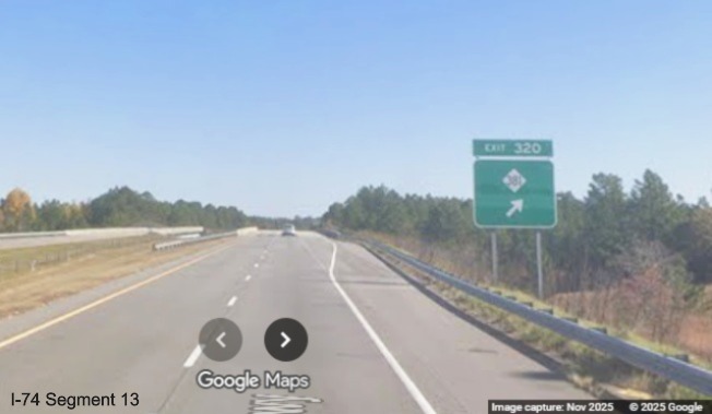 Image of new ground mounted ramp sign for the NC 381 exit on I-74/US 74 East 
	  Rockingham Bypass in Hamlet, Google Maps Street View, November 2025
