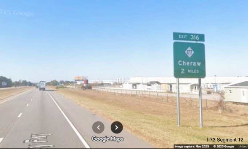 Image of 2 Miles advance sign for the NC 177 exit on I-74/US 74 West in Rockingham,
Google Maps Street View, November 2025