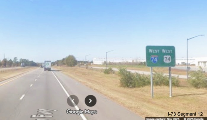 Image of West I-74/US 74 reassurance marker sign after the NC 177 exit in
Rockingham, Google Maps Street View, November 2025