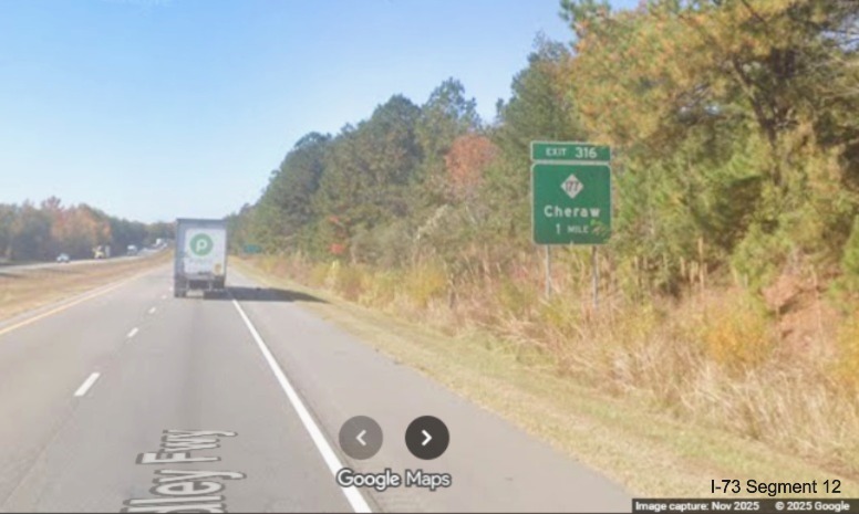 Image of 1 Mile advance sign for the NC 177 exit on I-74/US 74 West in
Rockingham, Google Maps Street View, November 2025