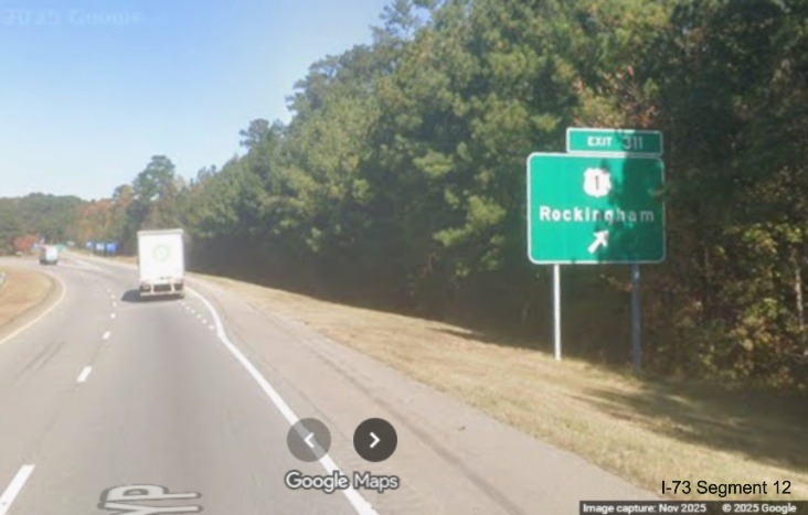 Image of new ground mounted ramp sign for US 1 exit on I-74/US 74 West
in Rockingham, Google Maps Street View, November 2025